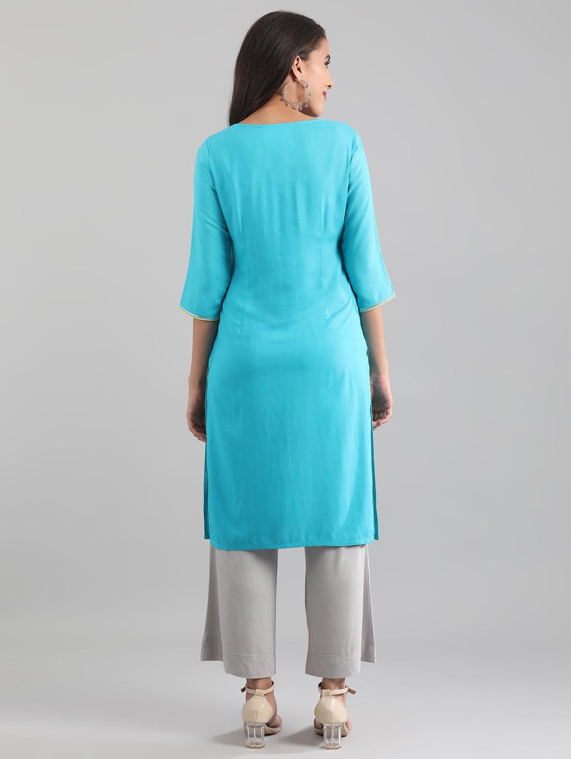 blue viscose straight kurta - 17614136 - Zoom Image - 3