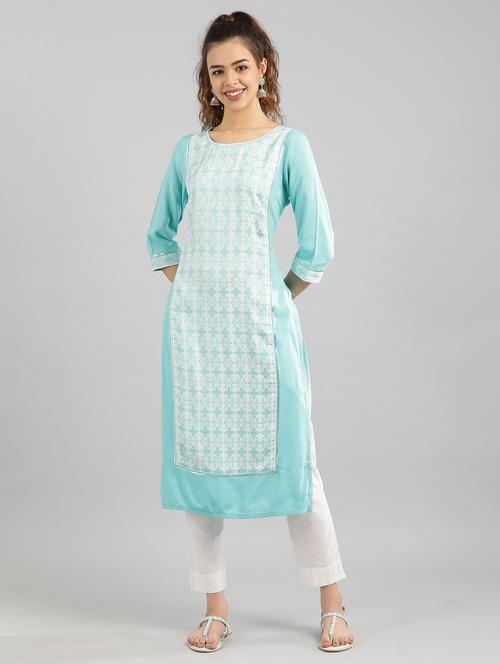 blue cotton straight kurta - 17614163 - Standard Image - 1