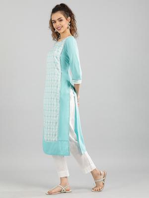 blue cotton straight kurta - 17614163 - Standard Image - 2