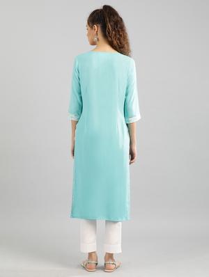 blue cotton straight kurta - 17614163 - Standard Image - 3