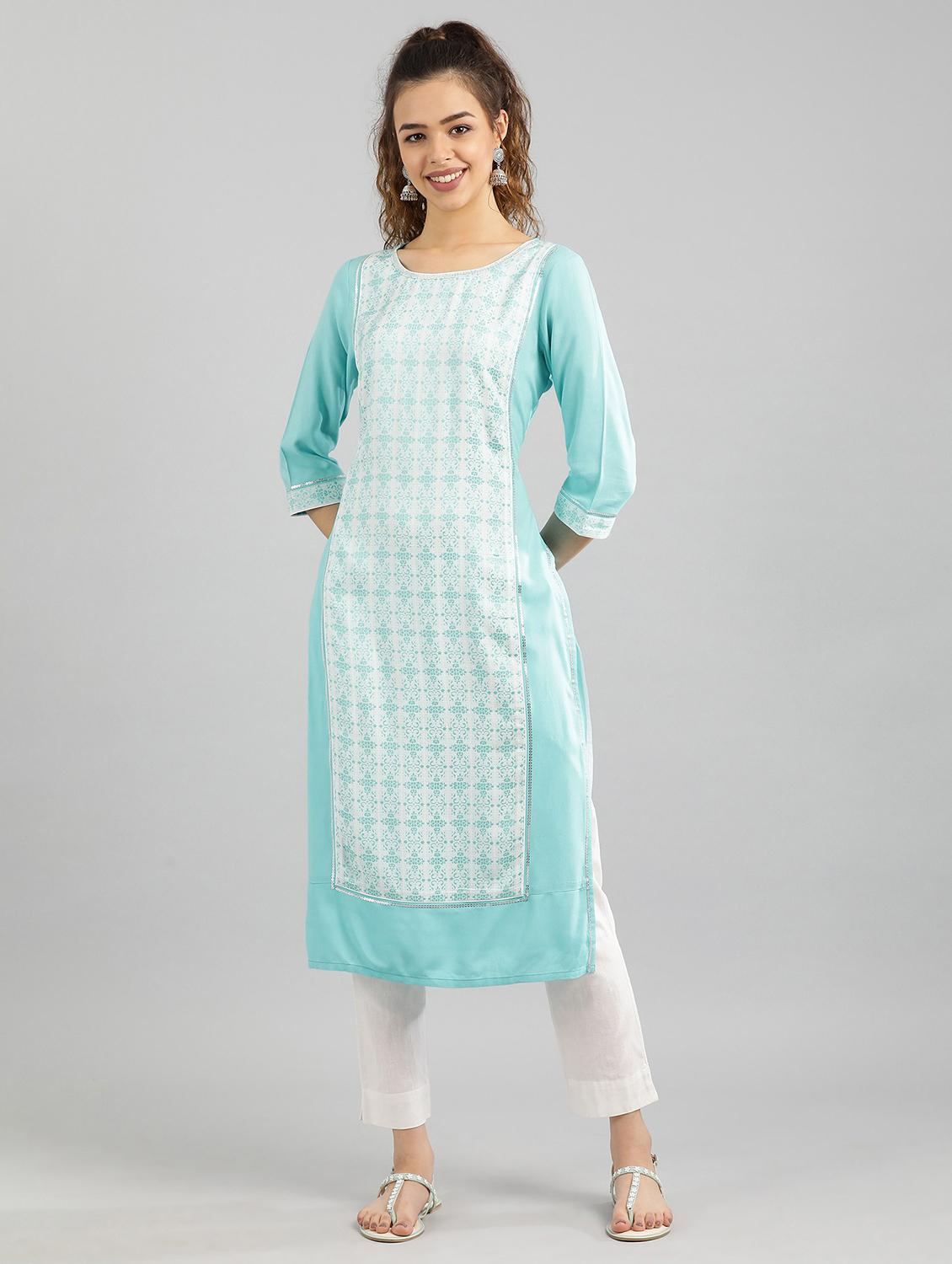 blue cotton straight kurta - 17614163 - Zoom Image - 1