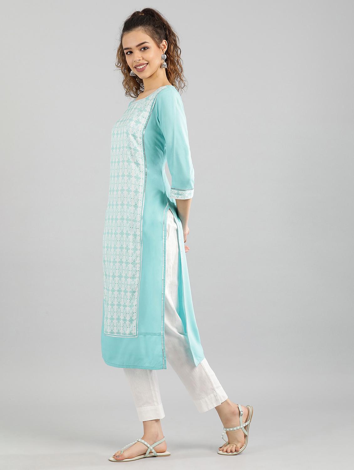 blue cotton straight kurta - 17614163 - Zoom Image - 2