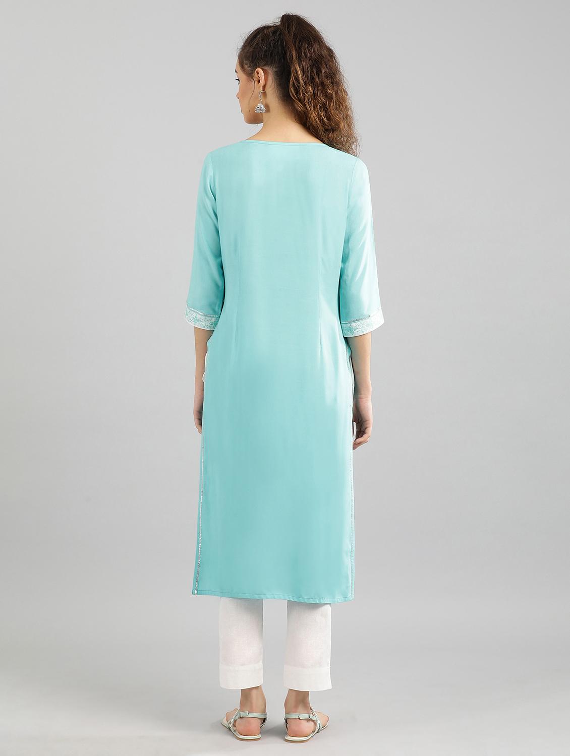 blue cotton straight kurta - 17614163 - Zoom Image - 3