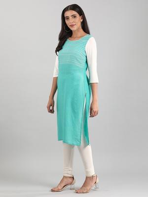 green cotton blend straight kurta - 17614188 - Standard Image - 2