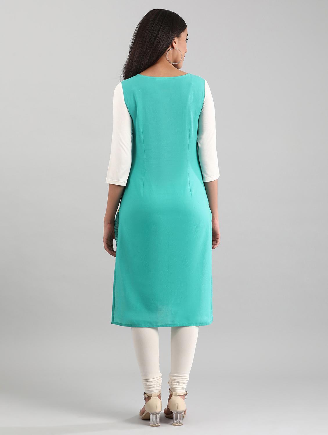 green cotton blend straight kurta - 17614188 - Zoom Image - 3
