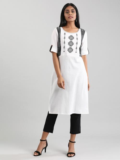 white cotton straight kurta - 17614196 - Standard Image - 1
