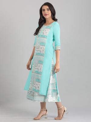 green cotton blend straight kurta - 17614213 - Standard Image - 2