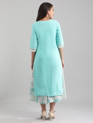 green cotton blend straight kurta - 17614213 - Standard Image - 3