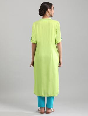 green viscose straight kurta - 17614219 - Standard Image - 3