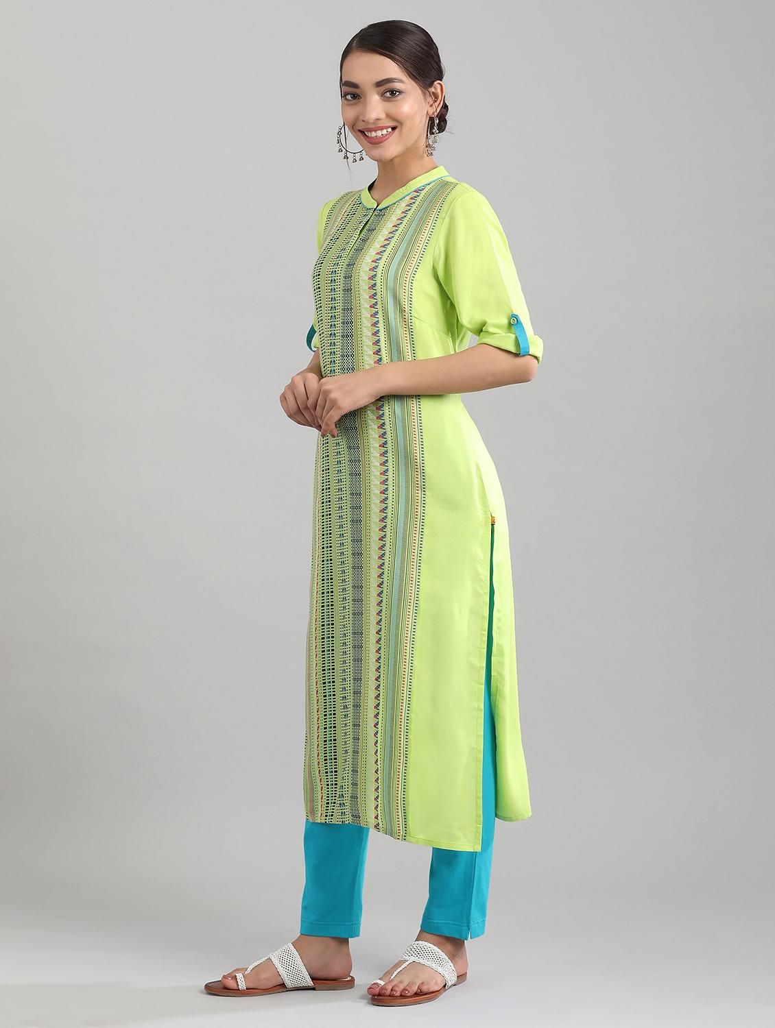 green viscose straight kurta - 17614219 - Zoom Image - 2