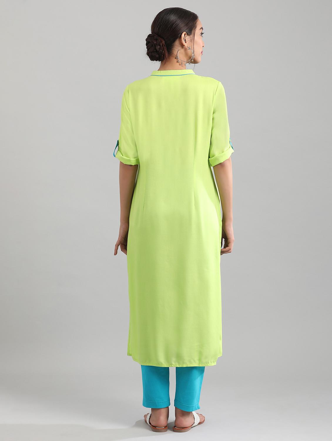 green viscose straight kurta - 17614219 - Zoom Image - 3