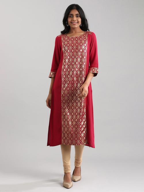 red viscose straight kurta - 17614240 - Standard Image - 1