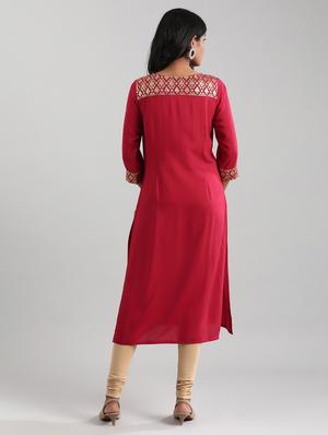 red viscose straight kurta - 17614240 - Standard Image - 3