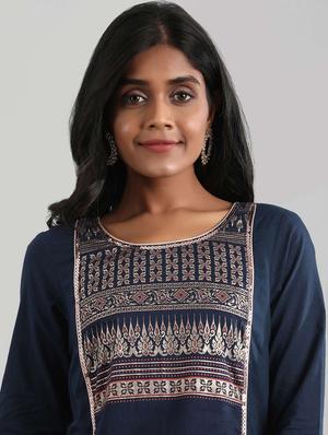 blue cotton straight kurta - 17614242 - Standard Image - 4