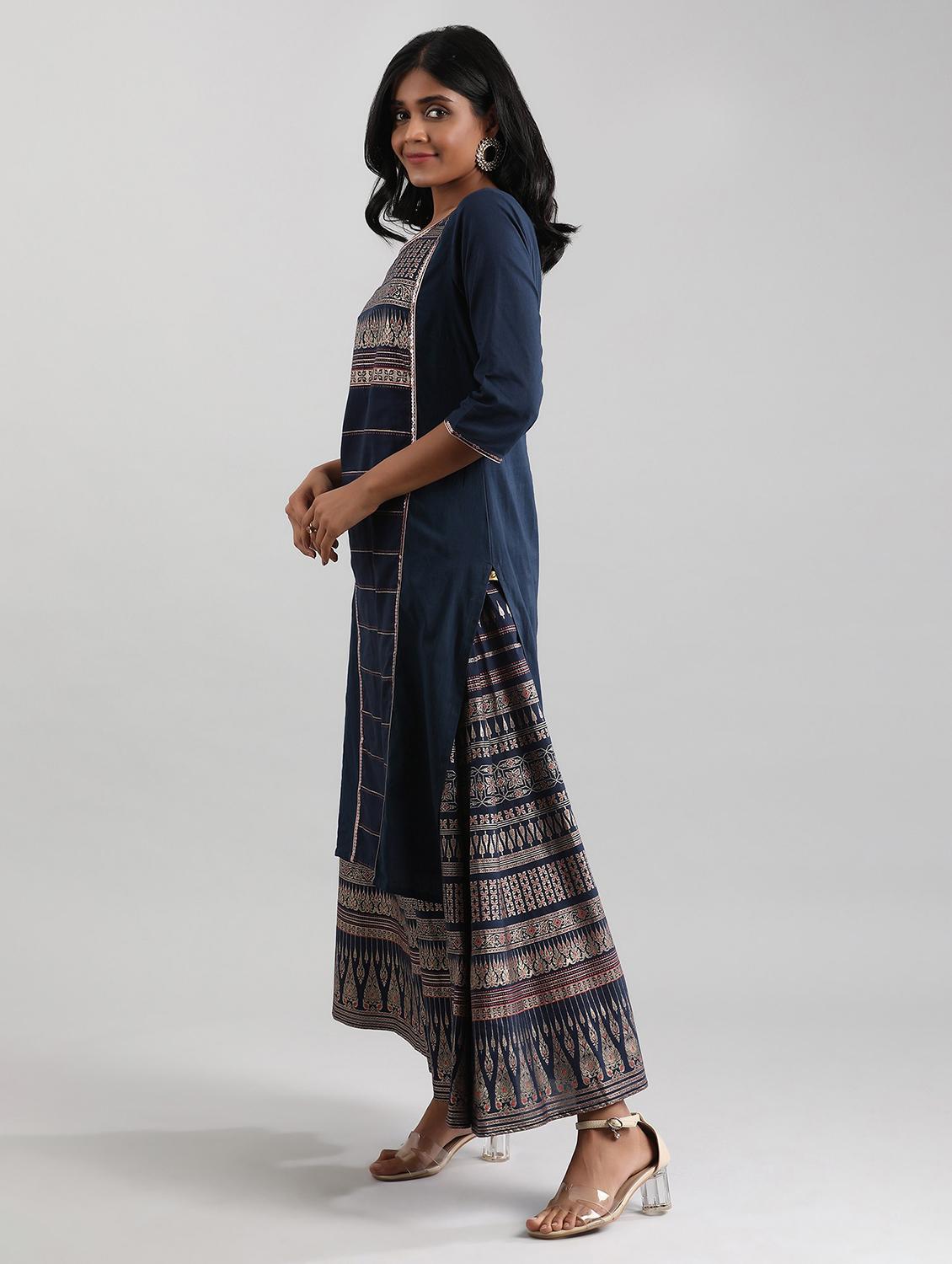 blue cotton straight kurta - 17614242 - Zoom Image - 2