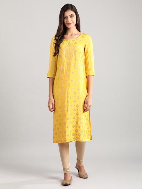 yellow viscose straight kurta - 17614243 - Standard Image - 1