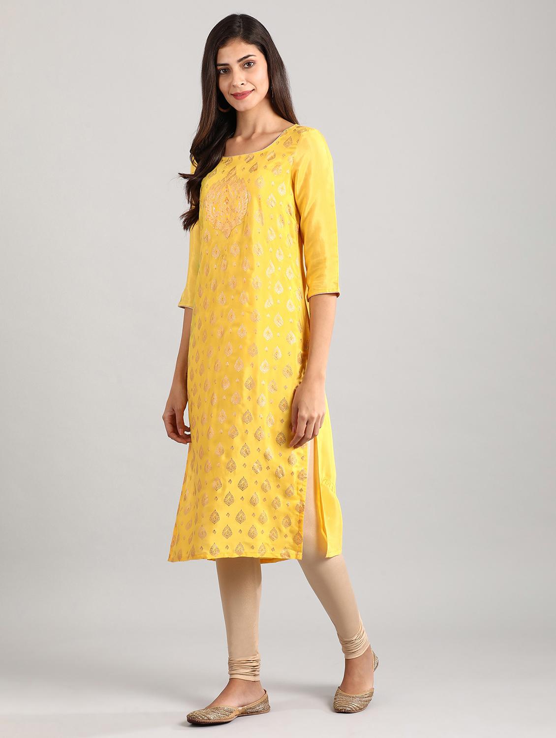 yellow viscose straight kurta - 17614243 - Zoom Image - 2