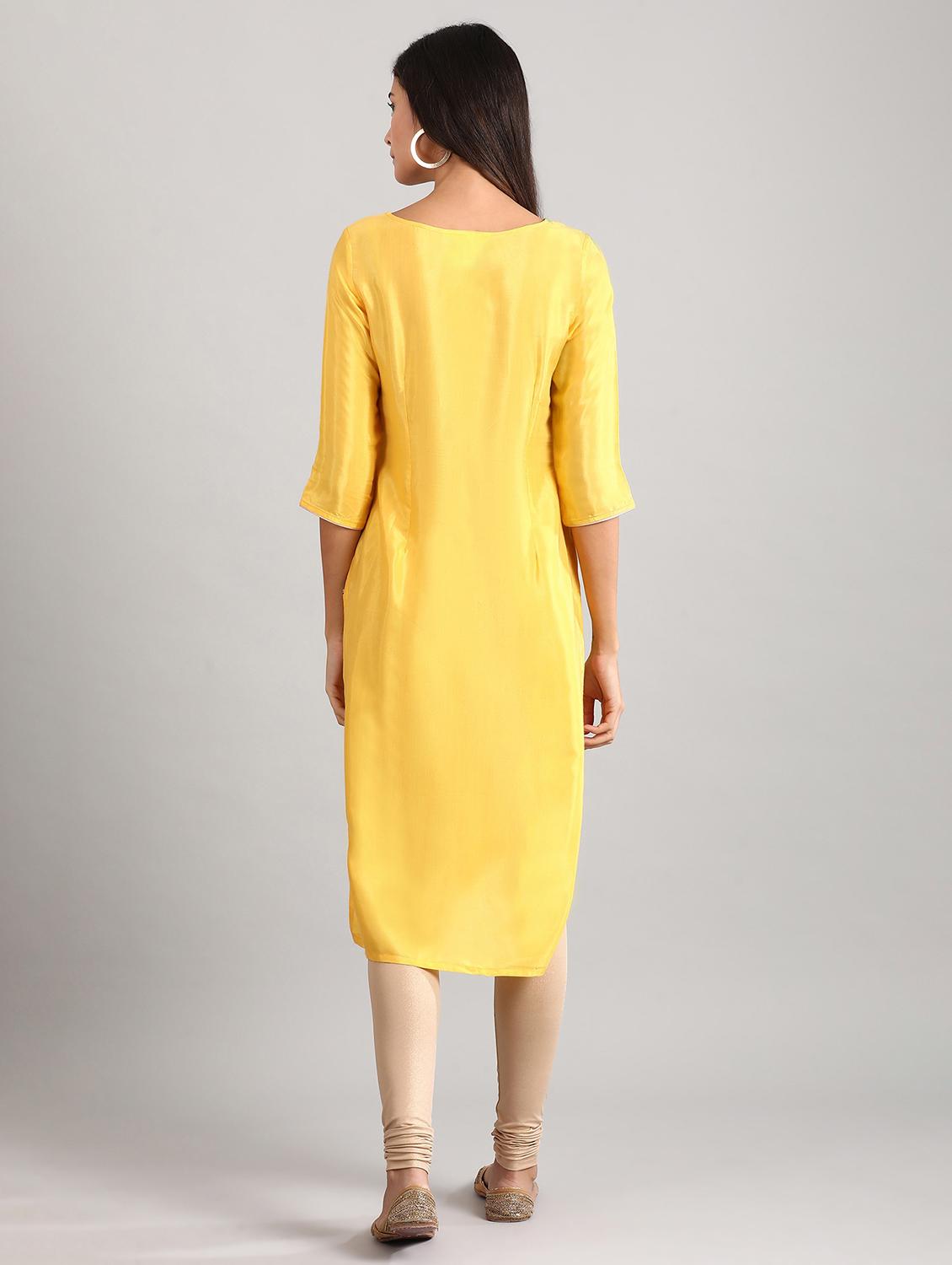 yellow viscose straight kurta - 17614243 - Zoom Image - 3