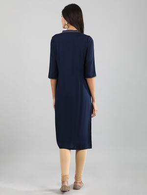 blue viscose straight kurta - 17614247 - Standard Image - 3