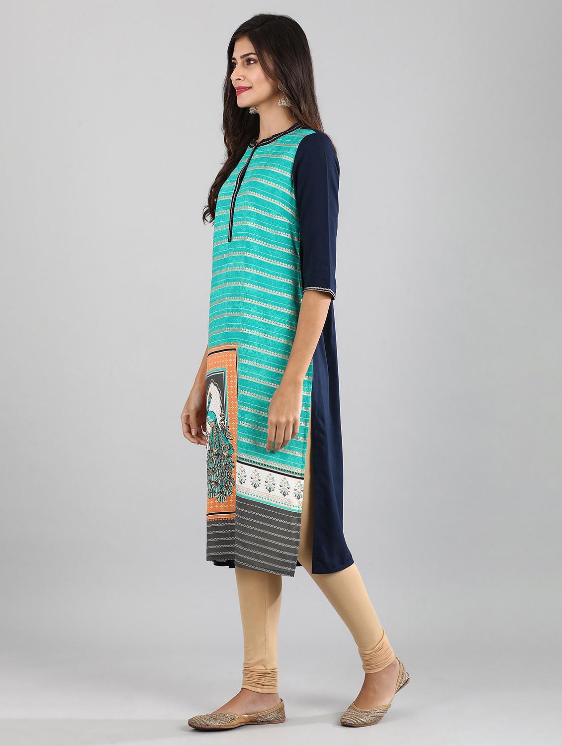 blue viscose straight kurta - 17614247 - Zoom Image - 2