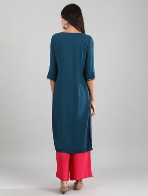 blue viscose straight kurta - 17614252 - Standard Image - 3