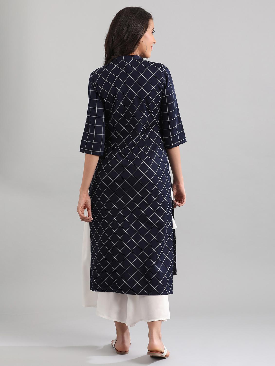 blue cotton blend straight kurta - 17614259 - Zoom Image - 3