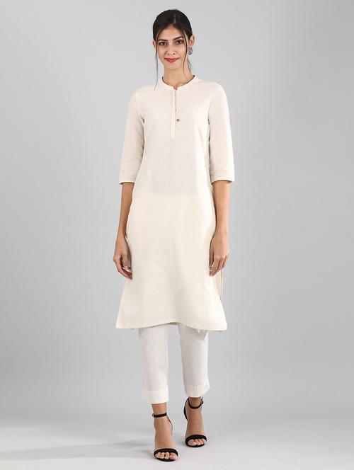 beige cotton blend straight kurta - 17614270 - Standard Image - 1