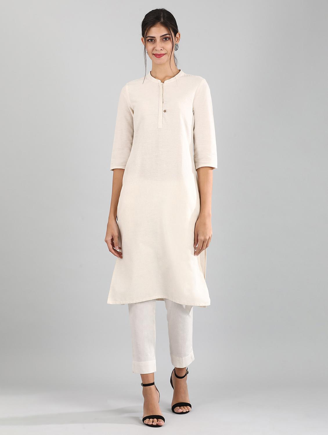 beige cotton blend straight kurta - 17614270 - Zoom Image - 1