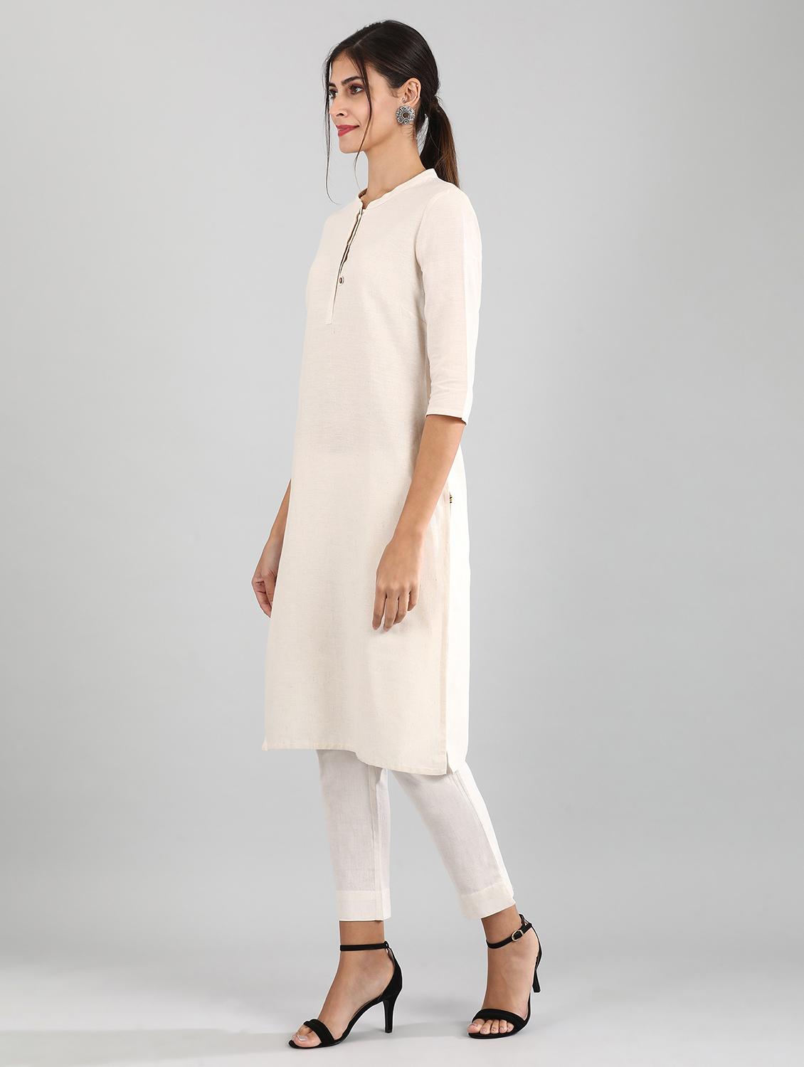 beige cotton blend straight kurta - 17614270 - Zoom Image - 2