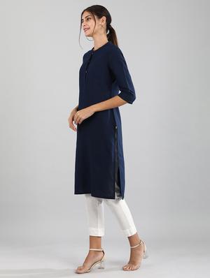 navy cotton blend straight kurta - 17614271 - Standard Image - 2
