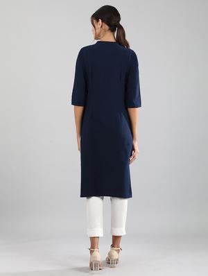 navy cotton blend straight kurta - 17614271 - Standard Image - 3