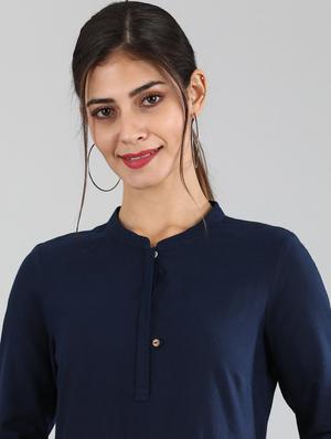 navy cotton blend straight kurta - 17614271 - Standard Image - 4