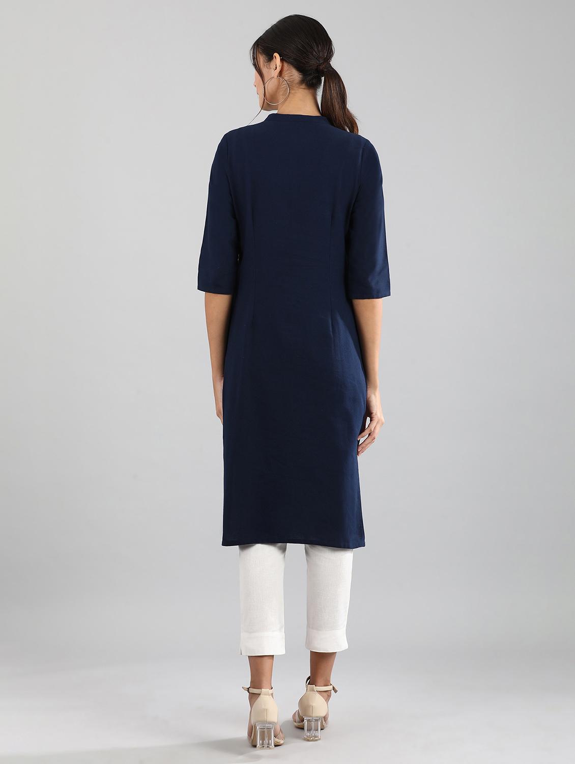 navy cotton blend straight kurta - 17614271 - Zoom Image - 3