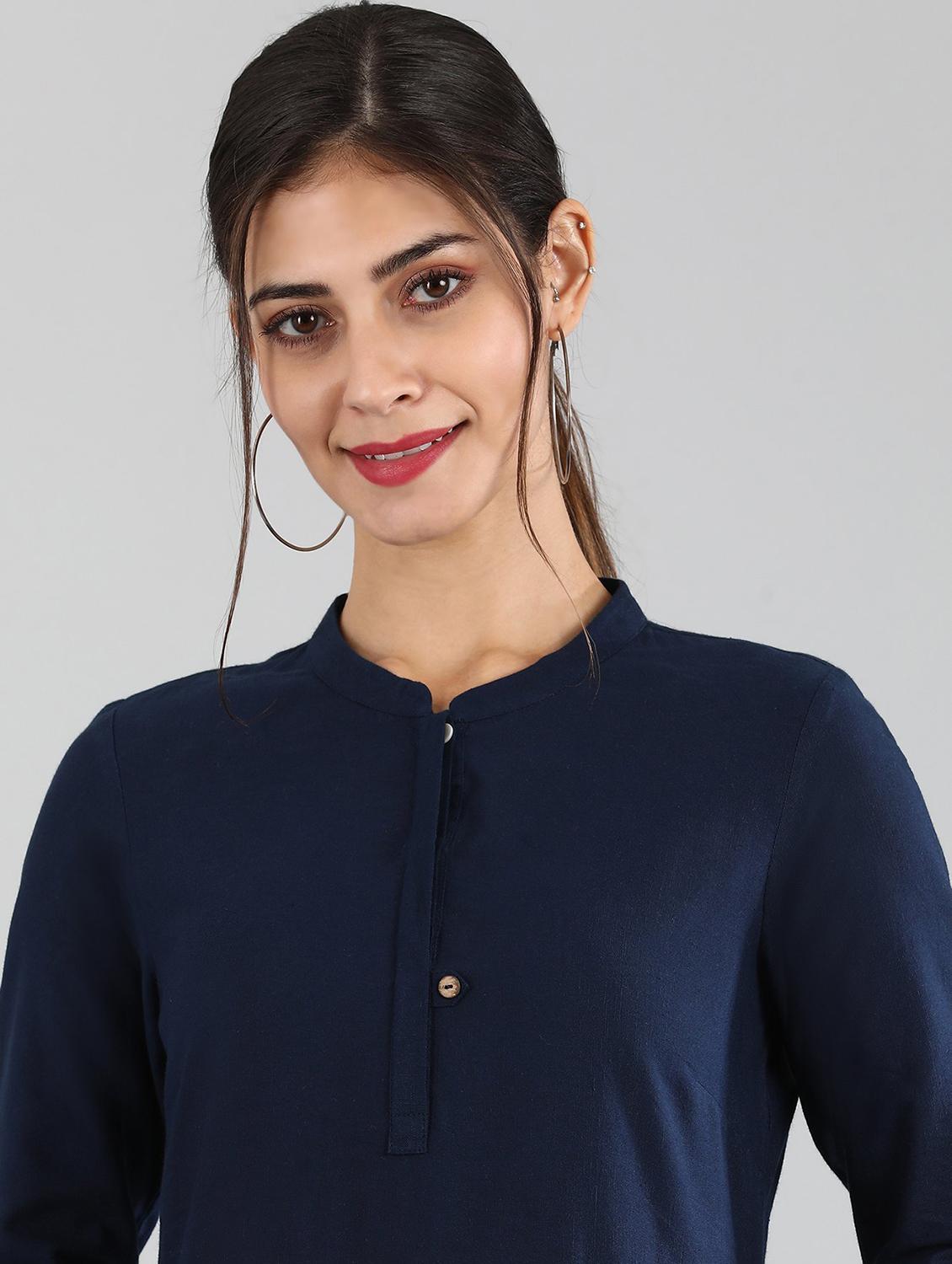 navy cotton blend straight kurta - 17614271 - Zoom Image - 4