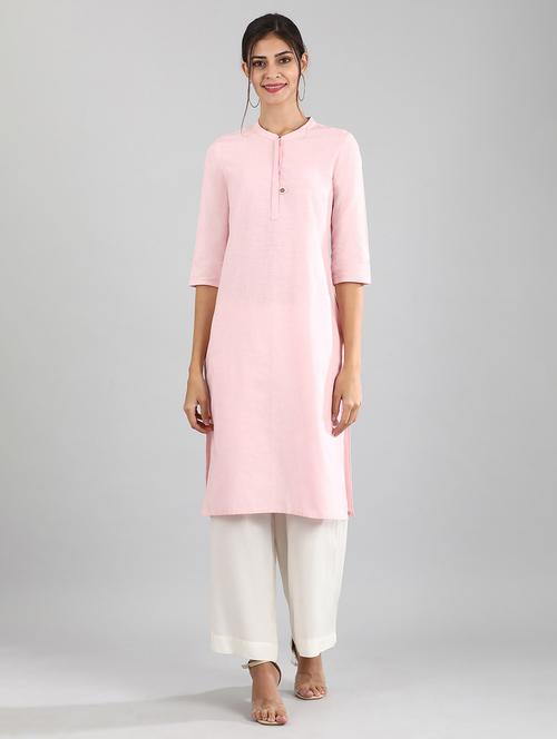 pink cotton blend straight kurta - 17614275 - Standard Image - 1