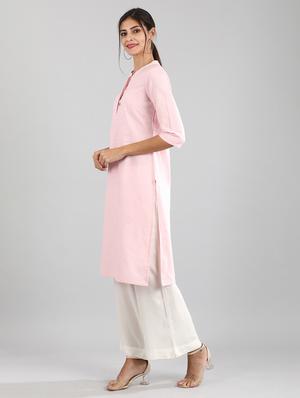 pink cotton blend straight kurta - 17614275 - Standard Image - 2