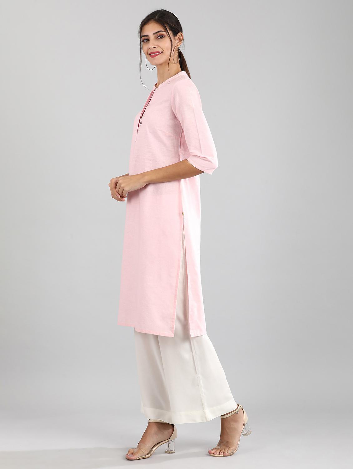 pink cotton blend straight kurta - 17614275 - Zoom Image - 2