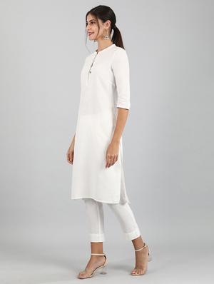 white cotton blend straight kurta - 17614280 - Standard Image - 2