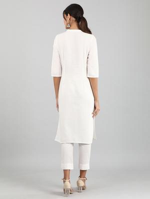 white cotton blend straight kurta - 17614280 - Standard Image - 3