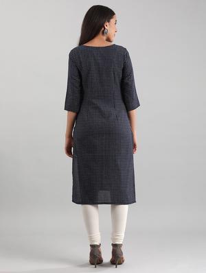 blue cotton straight kurta - 17614281 - Standard Image - 3