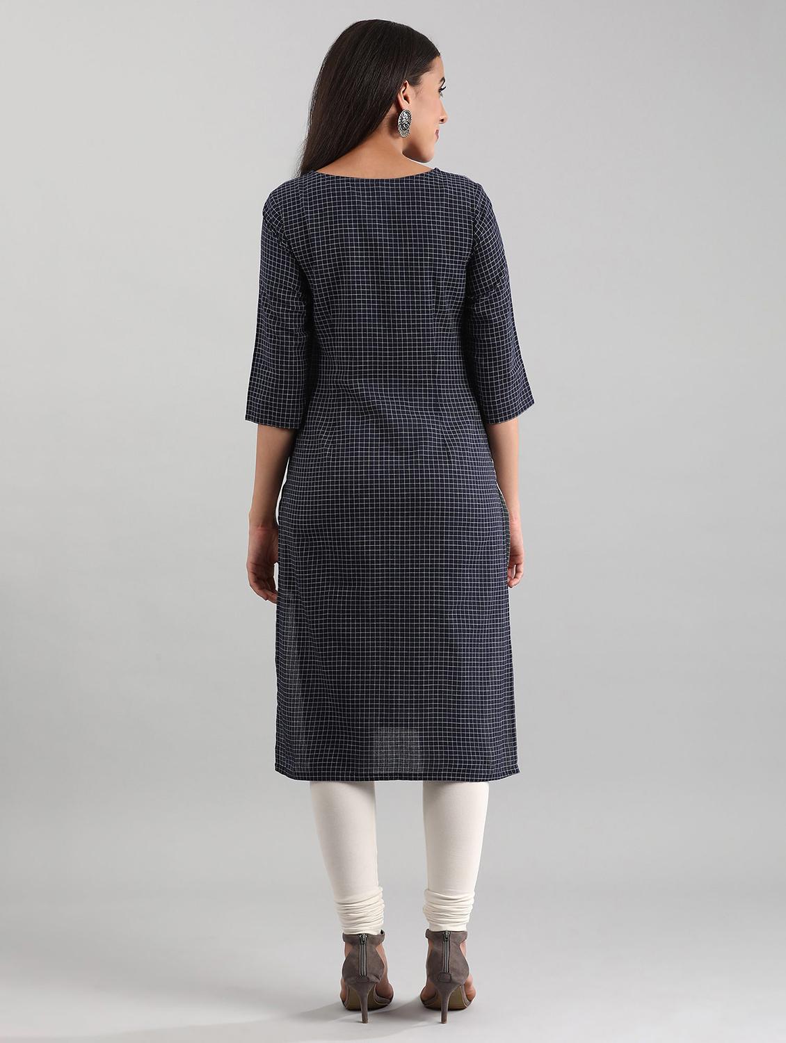 blue cotton straight kurta - 17614281 - Zoom Image - 3