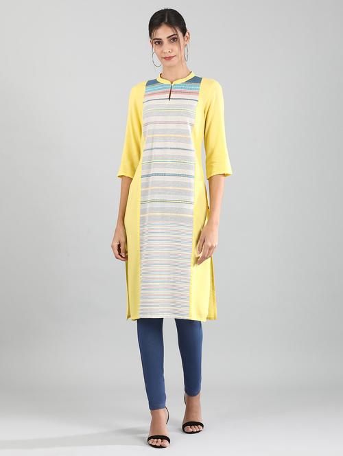 yellow cotton blend straight kurta - 17614284 - Standard Image - 1