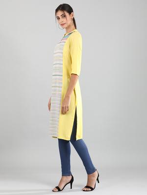 yellow cotton blend straight kurta - 17614284 - Standard Image - 2
