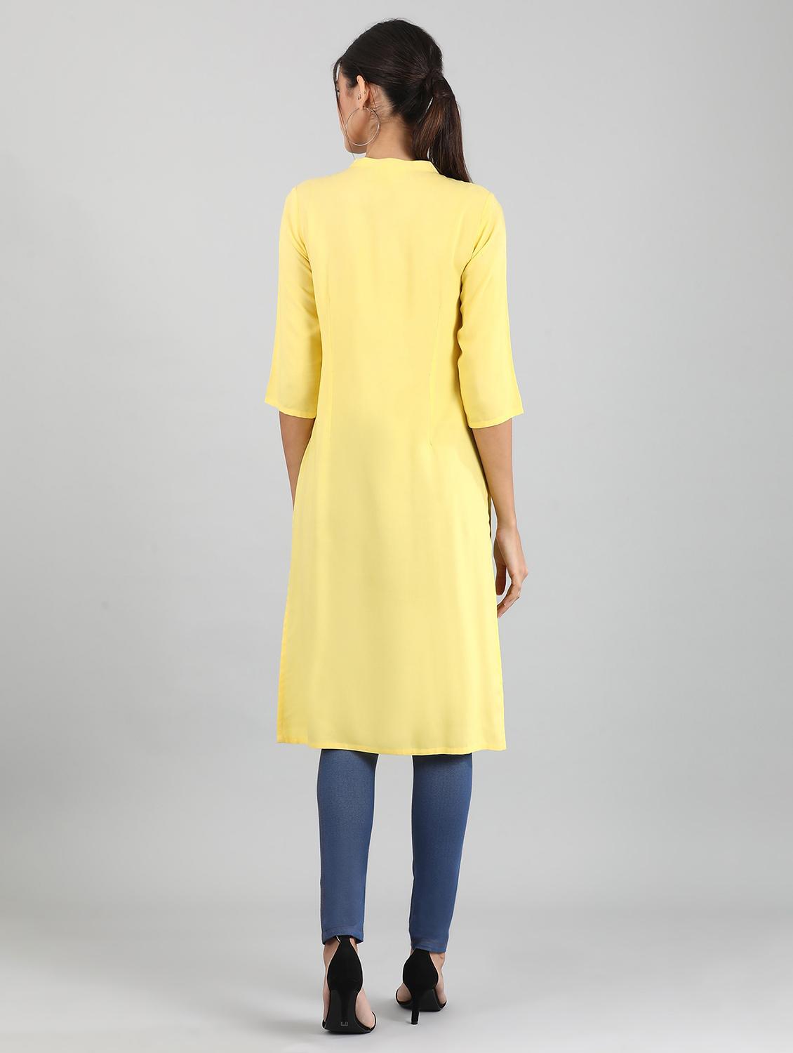 yellow cotton blend straight kurta - 17614284 - Zoom Image - 3