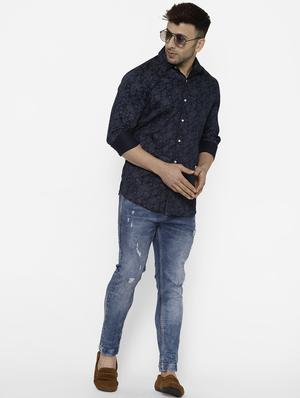 navy blue floral print casual shirt - 17614789 - Standard Image - 4