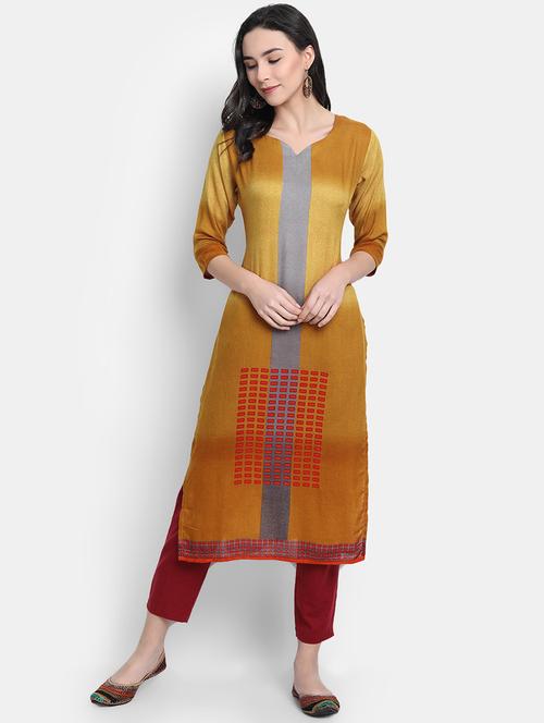 yellow rayon straight kurta - 17616049 - Standard Image - 1
