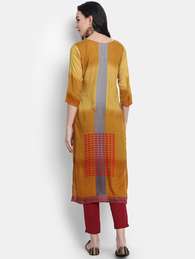 yellow rayon straight kurta - 17616049 - Zoom Image - 3