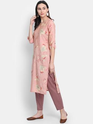 pink chanderi straight kurta - 17616052 - Standard Image - 2