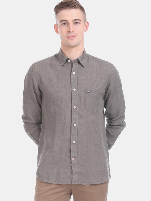 grey solid linen casual shirt - 17616129 - Standard Image - 1