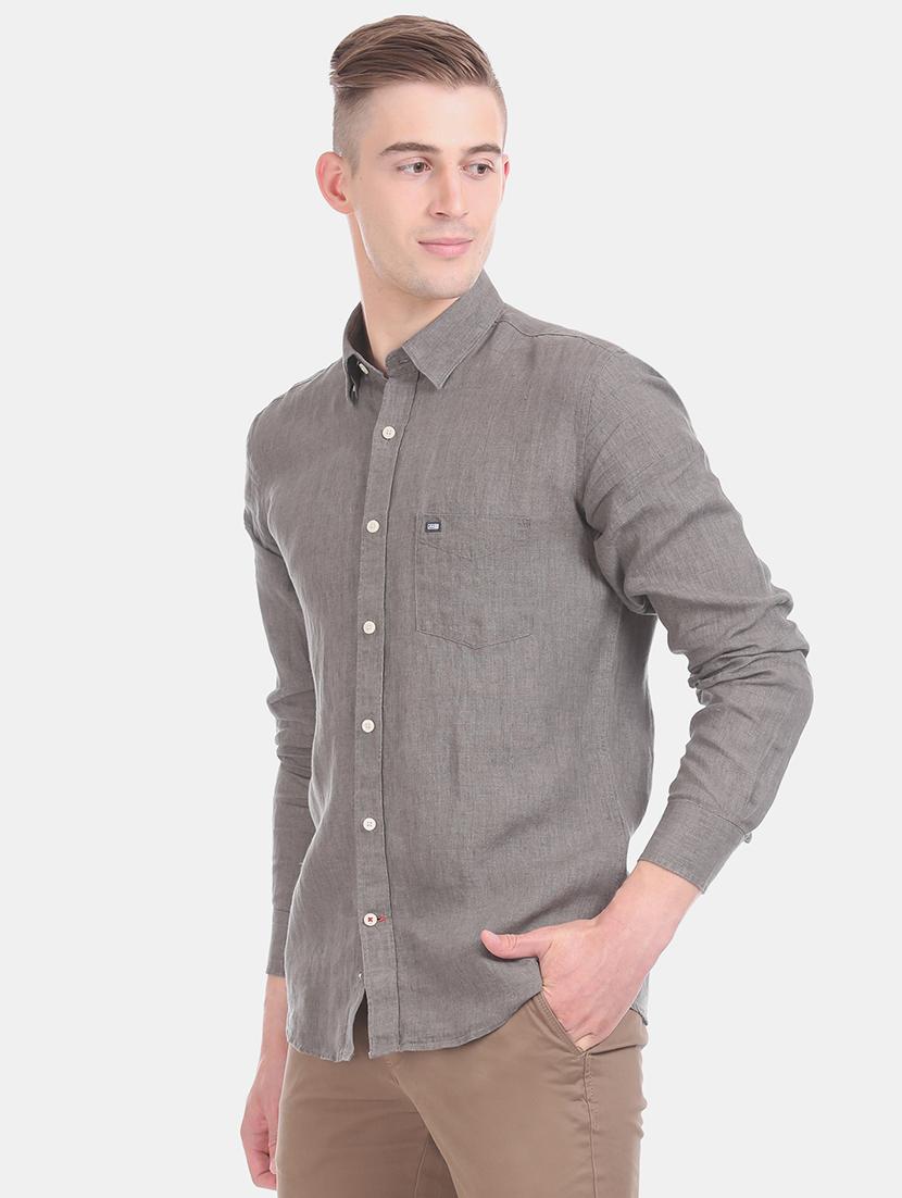 grey solid linen casual shirt - 17616129 - Zoom Image - 2